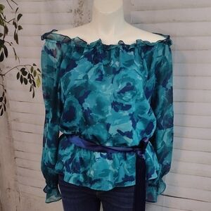 Andre Oliver Teal Abstract Off-Shoulder Peplum Blouse Size 1X